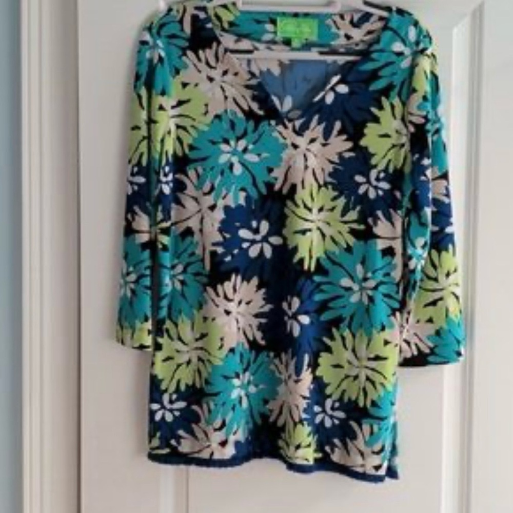Pappagallo Navy, Teal & Lime Floral V-Neck Tunic